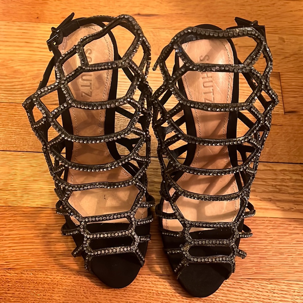 NWT Schutz Reva Black Crystal Caged Heels size 7.5. In Box.